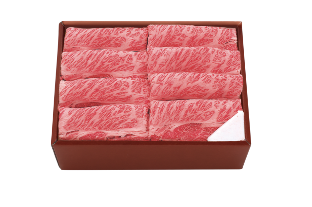 和牛である米沢牛の専門店、黄木のすき焼き用精肉。肩ロースの部位の詰合せの赤箱。