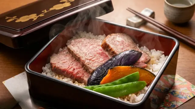 和牛である米沢牛の専門店、黄木のステーキ重をイメージした画像